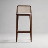 Rattan Back Farmhouse Barstools Mid Century Modern Wood Bar Chairs Comfortable PU Leather Kitchen Island Chairs for Pub/Breakfast Bar - StoolTopia