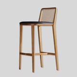 Rattan Back Farmhouse Barstools Mid Century Modern Wood Bar Chairs Comfortable PU Leather Kitchen Island Chairs for Pub/Breakfast Bar - StoolTopia