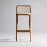 Rattan Back Farmhouse Barstools Mid Century Modern Wood Bar Chairs Comfortable PU Leather Kitchen Island Chairs for Pub/Breakfast Bar - StoolTopia