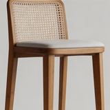 Rattan Back Farmhouse Barstools Mid Century Modern Wood Bar Chairs Comfortable PU Leather Kitchen Island Chairs for Pub/Breakfast Bar - StoolTopia