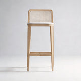 Rattan Back Farmhouse Barstools Mid Century Modern Wood Bar Chairs Comfortable PU Leather Kitchen Island Chairs for Pub/Breakfast Bar - StoolTopia