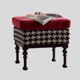 Retro Velvet & Houndstooth Ottoman Mid - Century Accent Footstool - StoolTopia