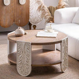 Round Carved Coffee Table with Storage Shelf – 81cm - StoolTopia