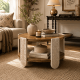 Round Carved Coffee Table with Storage Shelf – 81cm - StoolTopia