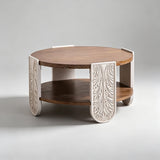 Round Carved Coffee Table with Storage Shelf – 81cm - StoolTopia