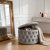 Round Tufted Storage Ottoman – Nordic Velvet Footstool with Hidden Compartment - StoolTopia