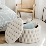 Round Tufted Storage Ottoman – Nordic Velvet Footstool with Hidden Compartment - StoolTopia
