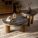 Rustic Round Coffee Table Set – Black Wood Grain Top with Solid Wood Legs - StoolTopia