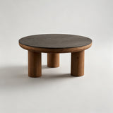 Rustic Round Coffee Table Set – Black Wood Grain Top with Solid Wood Legs - StoolTopia