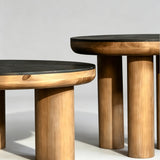 Rustic Round Coffee Table Set – Black Wood Grain Top with Solid Wood Legs - StoolTopia
