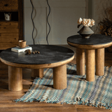 Rustic Round Coffee Table Set – Black Wood Grain Top with Solid Wood Legs - StoolTopia