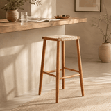 Scandinavian Wooden Bar Stool - Wicker Seat with Medium Wood Tone - StoolTopia