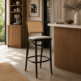 Solid Wood Rattan Bar Chairs Nordic Leisure Backrest High Bar Stool for Kitchen Furniture European Hotel Designer Bar stools - StoolTopia