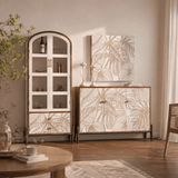 Tropical Leaf Carved Wooden Sideboard - Luxury Gold Accent Storage Cabinet - StoolTopia
