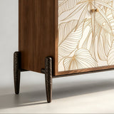 Tropical Leaf Carved Wooden Sideboard - Luxury Gold Accent Storage Cabinet - StoolTopia