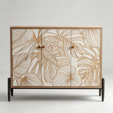 Tropical Leaf Carved Wooden Sideboard - Luxury Gold Accent Storage Cabinet - StoolTopia