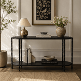 Vintage Black Wood Console Table with Carved Wave Top - StoolTopia