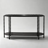 Vintage Black Wood Console Table with Carved Wave Top - StoolTopia