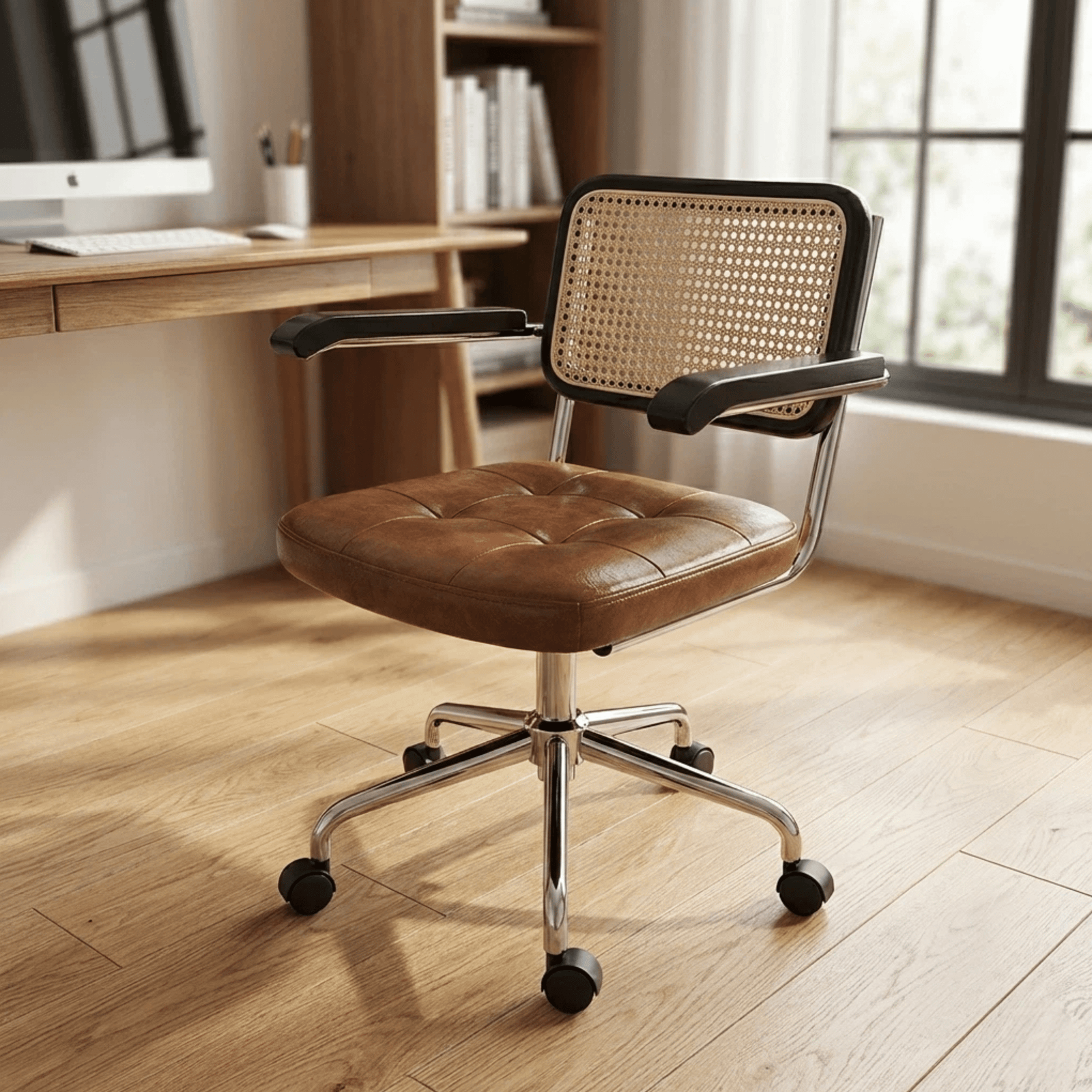 Vintage Leather & Chrome Office Chair – Adjustable Height