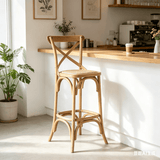 Vintage Cross - Back Solid Wood Bar Stool – Natural Rattan Seat & Classic Curved Frame - StoolTopia