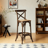 Vintage Cross - Back Solid Wood Bar Stool – Natural Rattan Seat & Classic Curved Frame - StoolTopia