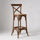 Vintage Cross - Back Solid Wood Bar Stool – Natural Rattan Seat & Classic Curved Frame - StoolTopia