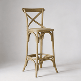 Vintage Cross - Back Solid Wood Bar Stool – Natural Rattan Seat & Classic Curved Frame - StoolTopia