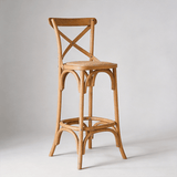 Vintage Cross - Back Solid Wood Bar Stool – Natural Rattan Seat & Classic Curved Frame - StoolTopia