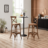 Vintage Cross - Back Solid Wood Bar Stool – Natural Rattan Seat & Classic Curved Frame - StoolTopia