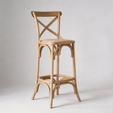 Vintage Cross - Back Solid Wood Bar Stool – Natural Rattan Seat & Classic Curved Frame - StoolTopia