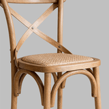 Vintage Cross - Back Solid Wood Bar Stool – Natural Rattan Seat & Classic Curved Frame - StoolTopia