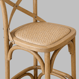 Vintage Cross - Back Solid Wood Bar Stool – Natural Rattan Seat & Classic Curved Frame - StoolTopia