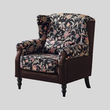 Vintage Floral Wingback Armchair – Classic Upholstered Lounge Chair with PU Leather Trim - StoolTopia