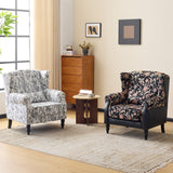 Vintage Floral Wingback Armchair – Classic Upholstered Lounge Chair with PU Leather Trim - StoolTopia