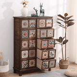 Vintage Mediterranean Ceramic Tile Drawer Cabinet – Handcrafted Solid Wood Storage Chest - StoolTopia