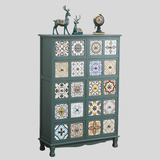 Vintage Mediterranean Ceramic Tile Drawer Cabinet – Handcrafted Solid Wood Storage Chest - StoolTopia