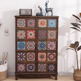 Vintage Mediterranean Ceramic Tile Drawer Cabinet – Handcrafted Solid Wood Storage Chest - StoolTopia