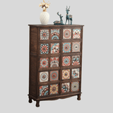 Vintage Mediterranean Ceramic Tile Drawer Cabinet – Handcrafted Solid Wood Storage Chest - StoolTopia