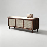Vintage Rattan Shoe Storage Bench with Cushion Seat - StoolTopia