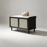 Vintage Rattan Shoe Storage Bench with Cushion Seat - StoolTopia