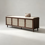 Vintage Rattan Shoe Storage Bench with Cushion Seat - StoolTopia