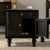 Vintage Solid Wood Bedside Cabinet with Carved Tribal Pattern - StoolTopia