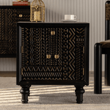 Vintage Solid Wood Bedside Cabinet with Carved Tribal Pattern - StoolTopia