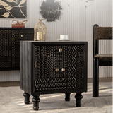 Vintage Solid Wood Bedside Cabinet with Carved Tribal Pattern - StoolTopia