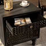Vintage Solid Wood Bedside Cabinet with Carved Tribal Pattern - StoolTopia