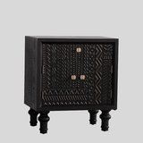 Vintage Solid Wood Bedside Cabinet with Carved Tribal Pattern - StoolTopia