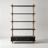 Vintage-Style Open Bookshelf with Carved Baluster Columns and Storage Drawers - StoolTopia