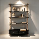 Vintage-Style Open Bookshelf with Carved Baluster Columns and Storage Drawers - StoolTopia