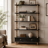 Vintage-Style Open Bookshelf with Carved Baluster Columns and Storage Drawers - StoolTopia