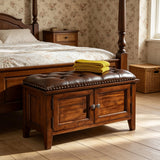 Vintage Tufted Genuine Leather Storage Bench with Cabinet Doors - StoolTopia